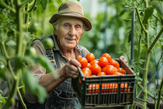 Close up portrait of happy mature old elderly gardener in a garden, greenhouse holding a wooden crate of red tomatos
