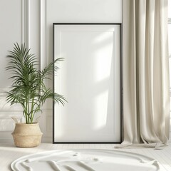 Frame mockup. Plants against a white wall. Curtain by the window. Interior design