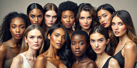 A diverse group of beautiful women with natural beauty and glowing smooth skin. Portrait of many attractive female fashion models with great skincare of all races, tones, and style, Generative AI - obrazy, fototapety, plakaty