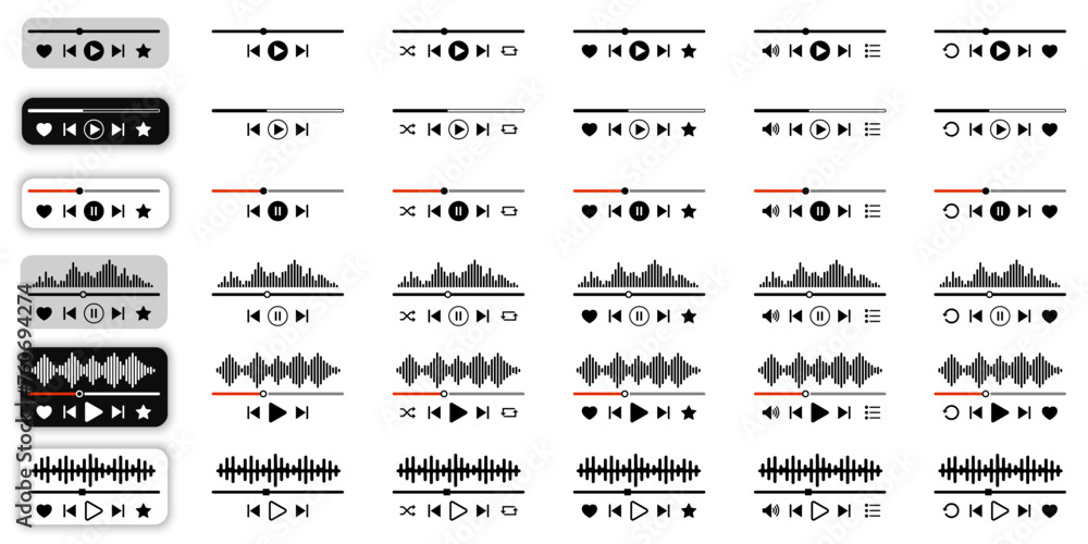 Aufkleber music player interface set, music player buttons collections, modern playback of music application, 