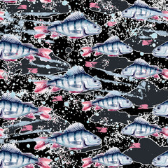 Seamless vintage watercolor pattern. Watercolor drawing fish perch.
water splash, paint. Underwater world, drawing of fish in vintage style. Water fish splash, paint, trendy background.  camouflage - 760694202