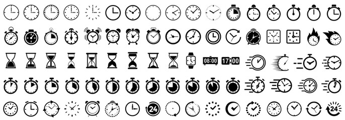 Fototapeta na wymiar Time and clock icons set, stopwatch, timer, , time management concept, fast stopwatch line icon, watch icon, black clock sign collection, speed clock symbol - vector