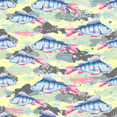 Seamless vintage watercolor pattern. Watercolor drawing fish perch.
water splash, paint. Underwater world, drawing of fish in vintage style. Water fish splash, paint, trendy background.  camouflage - 760694254