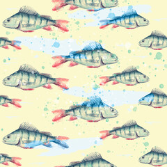 Seamless vintage watercolor pattern. Watercolor drawing fish perch.
water splash, paint. Underwater world, drawing of fish in vintage style. Water fish splash, paint, trendy background.  camouflage - 760694290