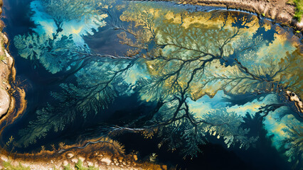 Save planet earth concept, oil film on a polluted river, black oil film, shimmering water surface, oil waste spilling, environmental catastrophe, ecological disaster, mother earth, world earth day