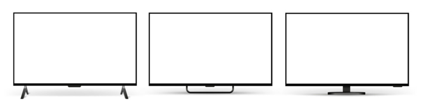 Realistic empty TV frame set, mockup of a large modern black TV, modern stylish monitor, collection blank television template