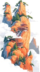 A painting of a mountain with a pagoda on top of it.