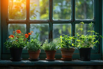 Five terracotta pots with herbs on a sunny windowsill.