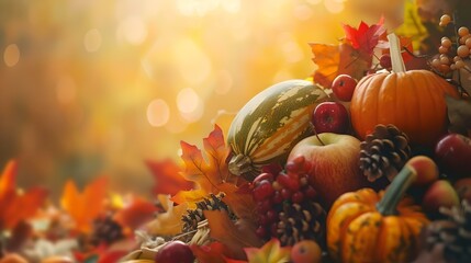 Naklejka na ściany i meble Colorful autumn harvest theme with pumpkins and foliage. cozy fall atmosphere in bright light. seasonal decoration, thanksgiving concept. AI