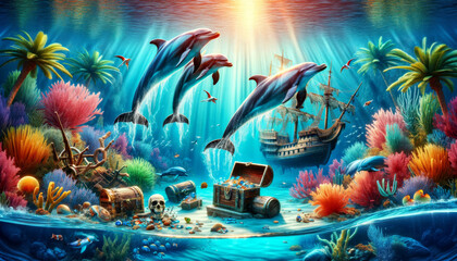 Playful dolphins jumping over a partially submerged pirate ship, treasure and mystery. Sunken chests, vivid sea plants, light reflecting off the water surface.