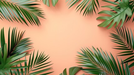 Fototapeta na wymiar Tropical leaves Monstera and palm tree leaf on pink background. Flat lay, top view, generative ai