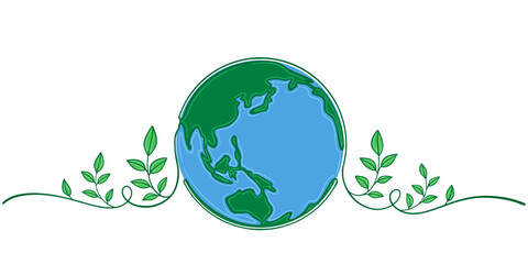 earth globe with green leaves line art style vector illustration, earth day, environment day illustration