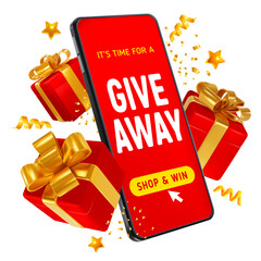 Giveaway event, sale or win, conceptual advertising design template with 3d realistic gift boxes and confetti around of the smartphone with text. Isolated on white background. Vector illustration