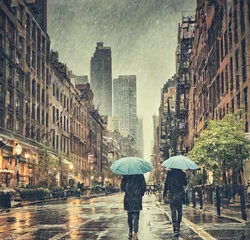 Gordijnen people walking in the city on a rainy day © Usama