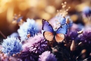 Blooming meadows with many flowers and butterflies