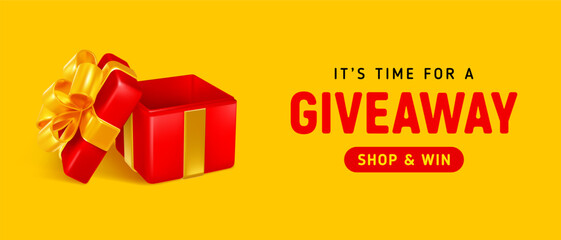 Giveaway, sale or win, conceptual advertising luxury banner template. 3d realistic open red gift box with golden bow on the yellow background. Vector illustration