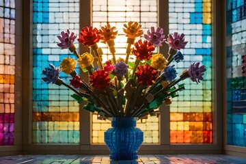 bouquet of flowers from constructor, plastic flowers, stained glass window