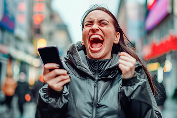 Shouting brown woman full of joy standing with an excited expression holding his cell phone after winning a prize or after receiving good news in the middle of the street