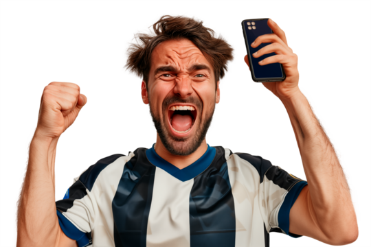 Portrait of a screaming man full of joy wearing a soccer jersey with an excited expression holding his cell phone with one hand after winning a soccer bet on a cutout PNG transparent background - Powered by Adobe