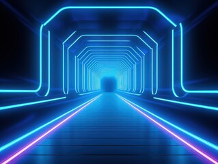 Cyan neon tunnel entrance path design seamless tunnel lighting neon linear strip background