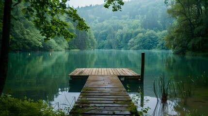 Serene lake view with wooden pier, surrounded by forest trees. calm water reflection, peaceful nature scene ideal for wallpapers and backgrounds. AI