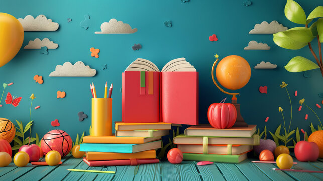 Creative 3D illustration of a back to school theme, a stack of books with an red apple on top, school supplies around on a green school board background.	
