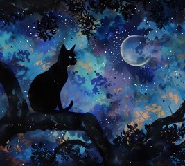 Beneath a canopy of stars, a Siamese cat prowls through the moonlit wilderness with an air of quiet confidence. Its sleek silhouette cuts a striking figure against the backdrop of the night sky - obrazy, fototapety, plakaty