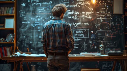Focused individual contemplating complex equations on a blackboard in a dimly lit room. conceptual study scene. mathematical research visual. AI - obrazy, fototapety, plakaty