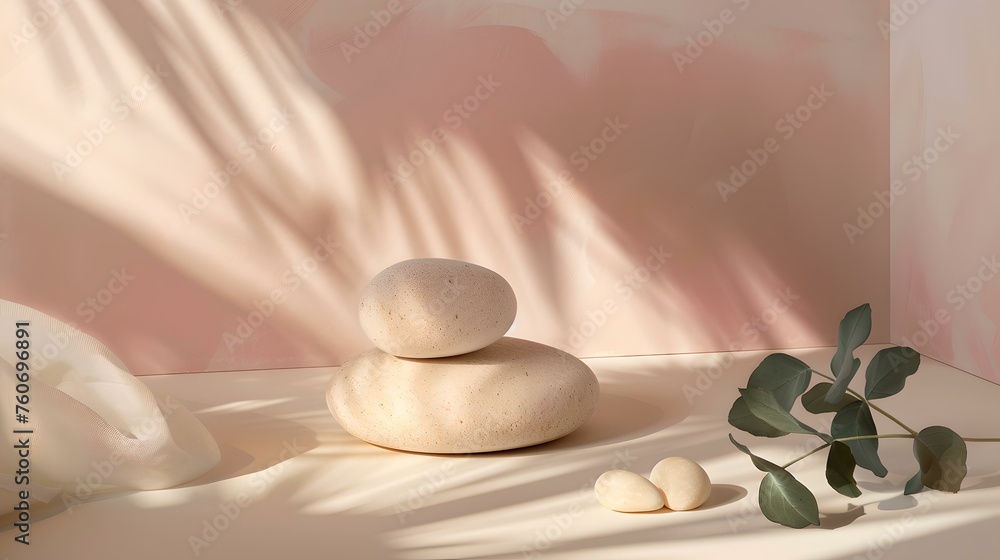Poster serenity and balance in a minimalist zen setting with pebbles and shadows. perfect for relaxation an