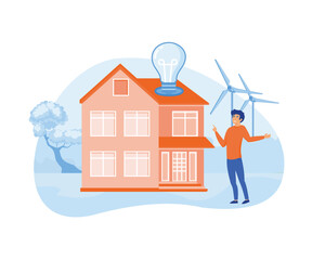 Standing near private eco house. Renewable energy and saving electricity concept. flat vector modern illustration