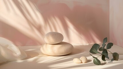 Serenity and balance in a minimalist zen setting with pebbles and shadows. perfect for relaxation and meditation imagery. AI - obrazy, fototapety, plakaty