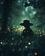 Magicians Hat, Mystical, Forest clearing, Moonlit night, Fantasy 3D Render, Silhouette Lighting, Depth of Field Bokeh Effect