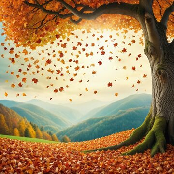 image of falling leaves from the tree with copy space on a fantasy land background