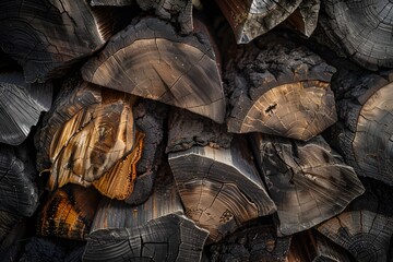  stacked wood for a fire.Copy space with a Black Charcoal backdrop texture