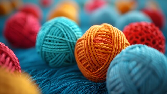 Colorful yarn balls in close-up, crafting material display. textile and creativity concept image for hobbies. vibrant DIY knitting supplies photo. AI