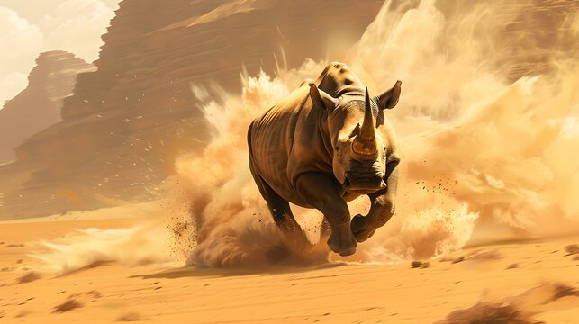 Majestic rhino charging through a dusty desert landscape. captivating wildlife scene. dynamic and powerful image of nature in motion. AI