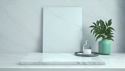 Obraz na płótnie Canvas Marble table top with soap, toothbrush, cotton buds, decor and mockup space for montage over. Marble table top with mockup space for montage over minimalist and clean bathroom background, Ai generated
