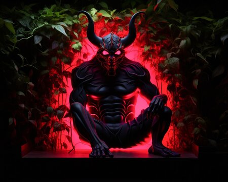 Depict Satan as a seductive figure in a lush garden setting neon