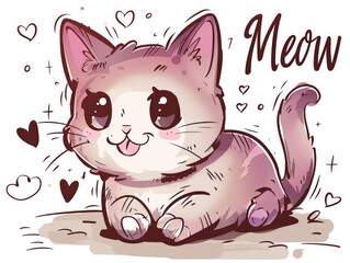 A cartoon cat sitting on the ground with hearts in the background.