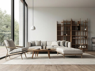 living room interior mockup, modern furniture and decorative arch with trendy dried flowers with white sofa and armchair on the White Background