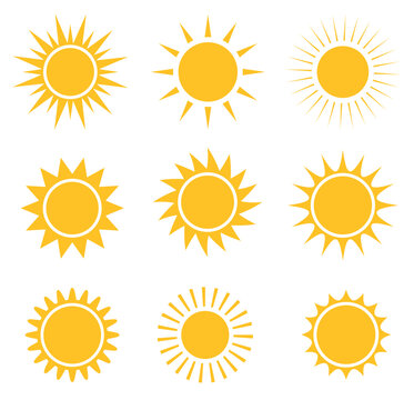 Sun icon set. Yellow sun star icons collection