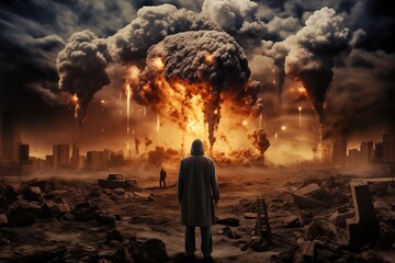 Explosive city destruction scene with observer