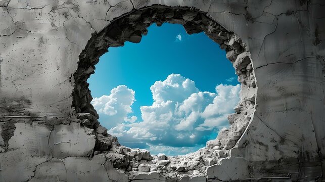 A glimpse through the wall: serene sky and fluffy clouds framed in rubble. conceptual, artistic, surreal image for creative projects. AI
