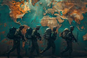 Soldiers marching in front of a world map - obrazy, fototapety, plakaty