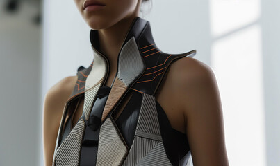 Close-up of a model in a sleek, sustainable outfit embedded with smart textiles and flexible batteries, heralding the future of wearable technology - obrazy, fototapety, plakaty