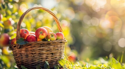 fresh apples in a wicker basket in a farm garden