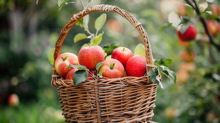 fresh apples in a wicker basket in a farm garden