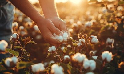 Farmer hand picking white boll of cotton. Cotton farm. Field of cotton plants. Sustainable and eco-friendly practice on a cotton farm. Organic farming. Raw material for textile industry - obrazy, fototapety, plakaty
