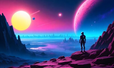 Fototapeta premium a person standing on rocky terrain with a large pink and purple moon in the sky