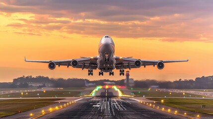 A large jetliner taking off from an airport runway at sunset or dawn with the landing gear down and...